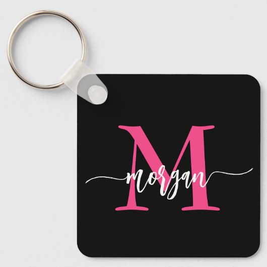 Hot Roze Zwart Modern Script Girly Monogram Naam Sleutelhanger (Voorkant)