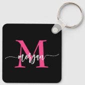 Hot Roze Zwart Modern Script Girly Monogram Naam Sleutelhanger (Achterkant)