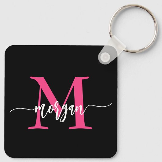Hot Roze Zwart Modern Script Girly Monogram Naam Sleutelhanger (Achterkant)