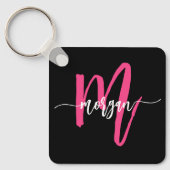 Hot Roze Zwart Modern Script Girly Monogram Naam Sleutelhanger (Voorkant)