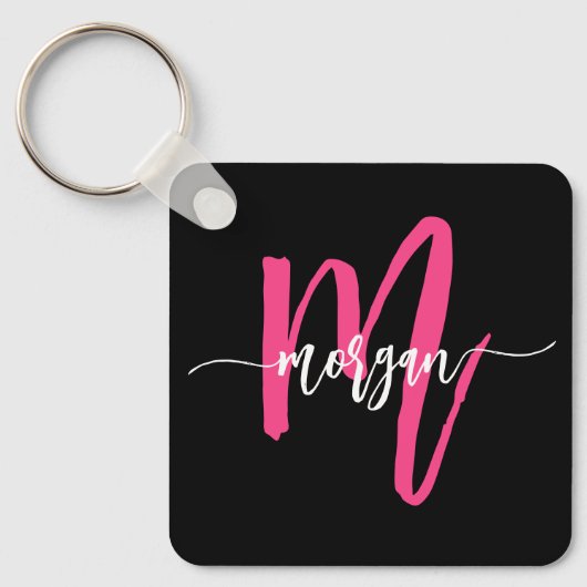 Hot Roze Zwart Modern Script Girly Monogram Naam Sleutelhanger (Voorkant)