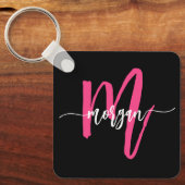 Hot Roze Zwart Modern Script Girly Monogram Naam Sleutelhanger (Voorkant)