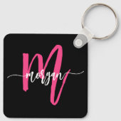 Hot Roze Zwart Modern Script Girly Monogram Naam Sleutelhanger (Achterkant)
