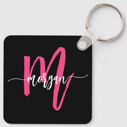 Hot Roze Zwart Modern Script Girly Monogram Naam Sleutelhanger (Achterkant)