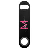 Hot Roze Zwart Modern Script Girly Monogram Naam Speed Flessenopener (Voorkant)