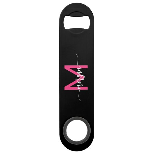Hot Roze Zwart Modern Script Girly Monogram Naam Speed Flessenopener (Voorkant)