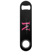 Hot Roze Zwart Modern Script Girly Monogram Naam Speed Flessenopener (Voorkant)