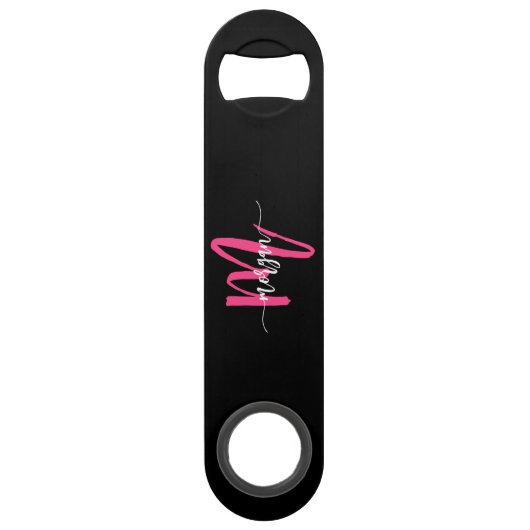 Hot Roze Zwart Modern Script Girly Monogram Naam Speed Flessenopener (Achterkant)