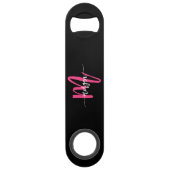 Hot Roze Zwart Modern Script Girly Monogram Naam Speed Flessenopener (Voorkant)