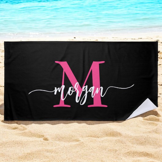 Hot Roze Zwart Modern Script Girly Monogram Naam Strandlaken