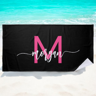 Hot Roze Zwart Modern Script Girly Monogram Naam Strandlaken