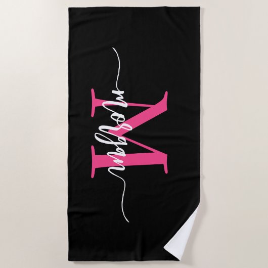 Hot Roze Zwart Modern Script Girly Monogram Naam Strandlaken (Voorkant)