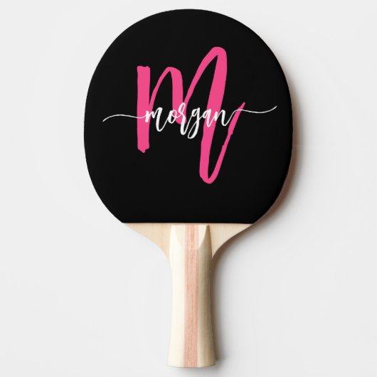 Hot Roze Zwart Modern Script Girly Monogram Naam Tafeltennisbatje (Voorkant)