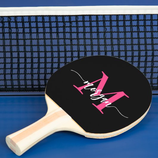 Hot Roze Zwart Modern Script Girly Monogram Naam Tafeltennisbatje (Insitu)