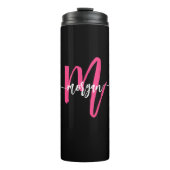 Hot Roze Zwart Modern Script Girly Monogram Naam Thermosbeker (Voorkant)