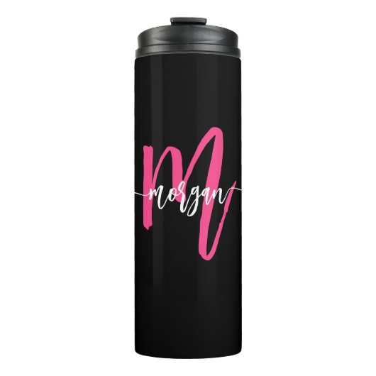 Hot Roze Zwart Modern Script Girly Monogram Naam Thermosbeker (Voorkant)