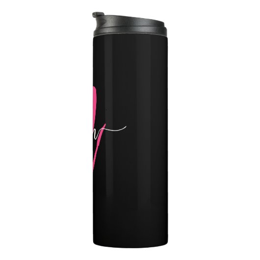 Hot Roze Zwart Modern Script Girly Monogram Naam Thermosbeker (Geroteerd rechts)