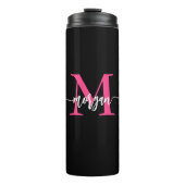 Hot Roze Zwart Modern Script Girly Monogram Naam Thermosbeker (Voorkant)