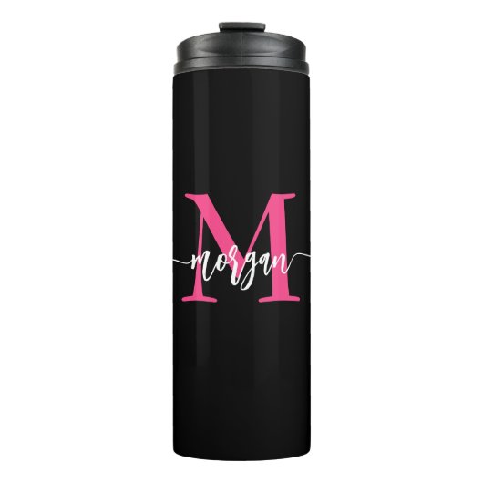 Hot Roze Zwart Modern Script Girly Monogram Naam Thermosbeker (Voorkant)