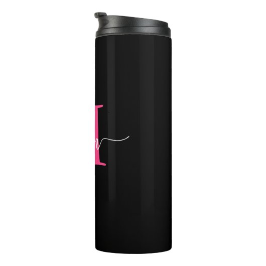 Hot Roze Zwart Modern Script Girly Monogram Naam Thermosbeker (Geroteerd rechts)