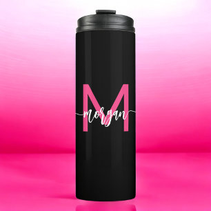 Hot Roze Zwart Modern Script Girly Monogram Naam Thermosbeker