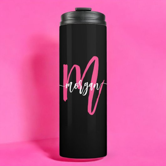 Hot Roze Zwart Modern Script Girly Monogram Naam Thermosbeker