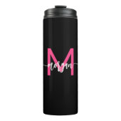 Hot Roze Zwart Modern Script Girly Monogram Naam Thermosbeker (Voorkant)