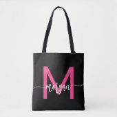 Hot Roze Zwart Modern Script Girly Monogram Naam Tote Bag (Voorkant)