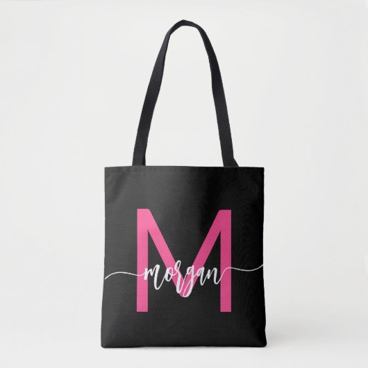 Hot Roze Zwart Modern Script Girly Monogram Naam Tote Bag (Voorkant)