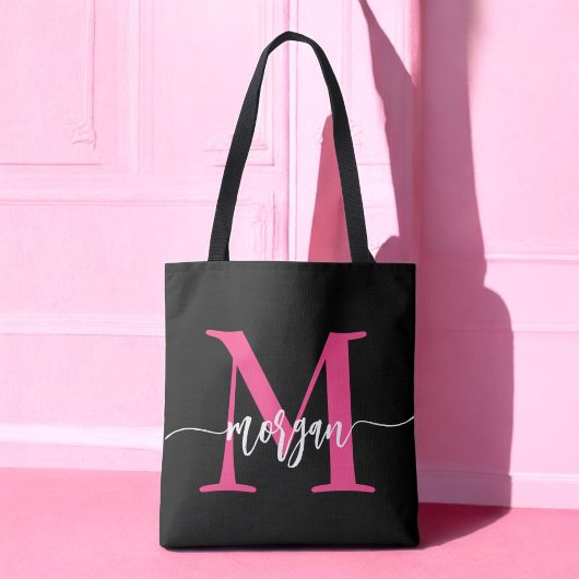 Hot Roze Zwart Modern Script Girly Monogram Naam Tote Bag