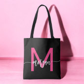 Hot Roze Zwart Modern Script Girly Monogram Naam Tote Bag