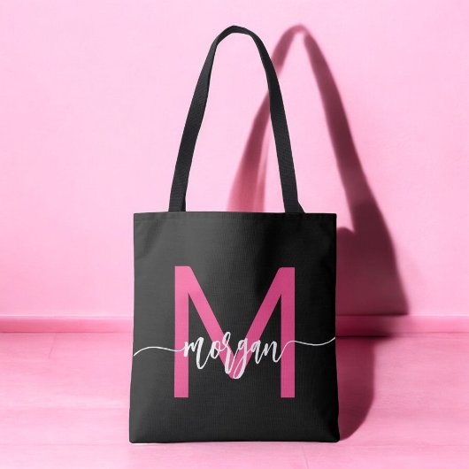 Hot Roze Zwart Modern Script Girly Monogram Naam Tote Bag