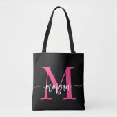 Hot Roze Zwart Modern Script Girly Monogram Naam Tote Bag (Voorkant)