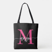 Hot Roze Zwart Modern Script Girly Monogram Naam Tote Bag (Achterkant)