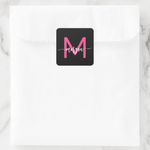 Hot Roze Zwart Modern Script Girly Monogram Naam Vierkante Sticker