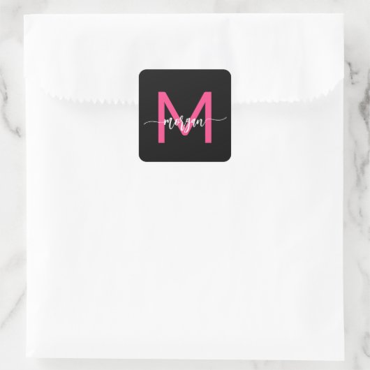Hot Roze Zwart Modern Script Girly Monogram Naam Vierkante Sticker (Tas)