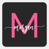 Hot Roze Zwart Modern Script Girly Monogram Naam Vierkante Sticker (Voorkant)