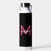 Hot Roze Zwart Modern Script Girly Monogram Naam Waterfles (Voorkant)