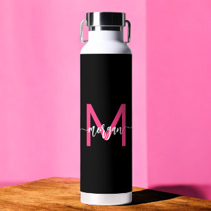 Hot Roze Zwart Modern Script Girly Monogram Naam Waterfles