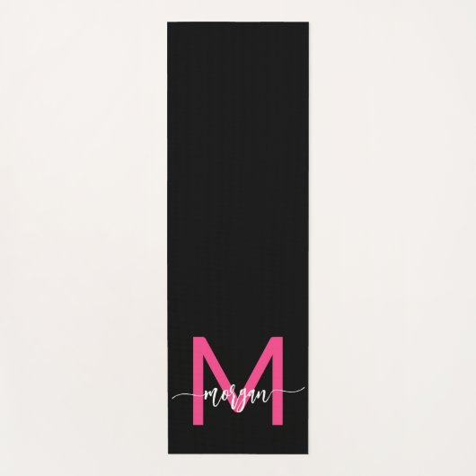 Hot Roze Zwart Modern Script Girly Monogram Naam Yogamat (Voorkant)