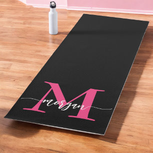 Hot Roze Zwart Modern Script Girly Monogram Naam Yogamat