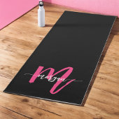 Hot Roze Zwart Modern Script Girly Monogram Naam Yogamat