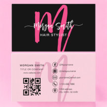 Hot Roze Zwart Modern Script QR Code Monogram Naam