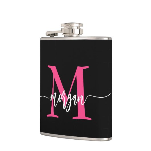 Hot Roze Zwart Monogram Meisje Bachelorette Party Heupfles (Links)