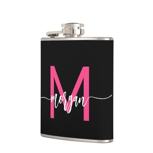 Hot Roze Zwart Monogram Meisje Bachelorette Party Heupfles (Links)