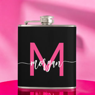 Hot Roze Zwart Monogram Meisje Bachelorette Party Heupfles