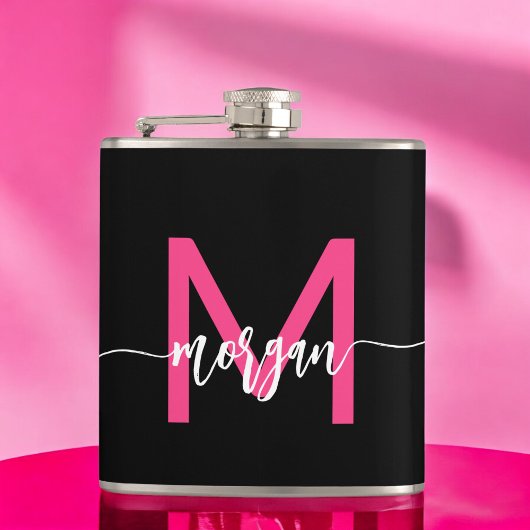 Hot Roze Zwart Monogram Meisje Bachelorette Party Heupfles