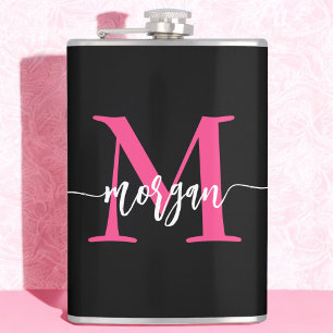 Hot Roze Zwart Monogram Meisje Bachelorette Party Heupfles