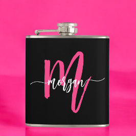 Hot Roze Zwart Monogram Meisje Bachelorette Party Heupfles