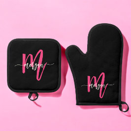 Hot Roze Zwart Monogram Meisje Keuken Script Ovenwant & Pannenlap Set
